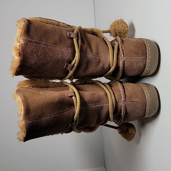Steve‎ Madden P-Pop Boots Moccasins Suede Faux Fur Tie Pompoms Mid-Calf Brown 7 - Picture 6 of 12